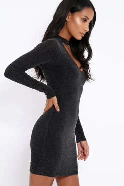 Rebellious Fashion Black Sparkle Choker Neck Mini Dress - Kardie