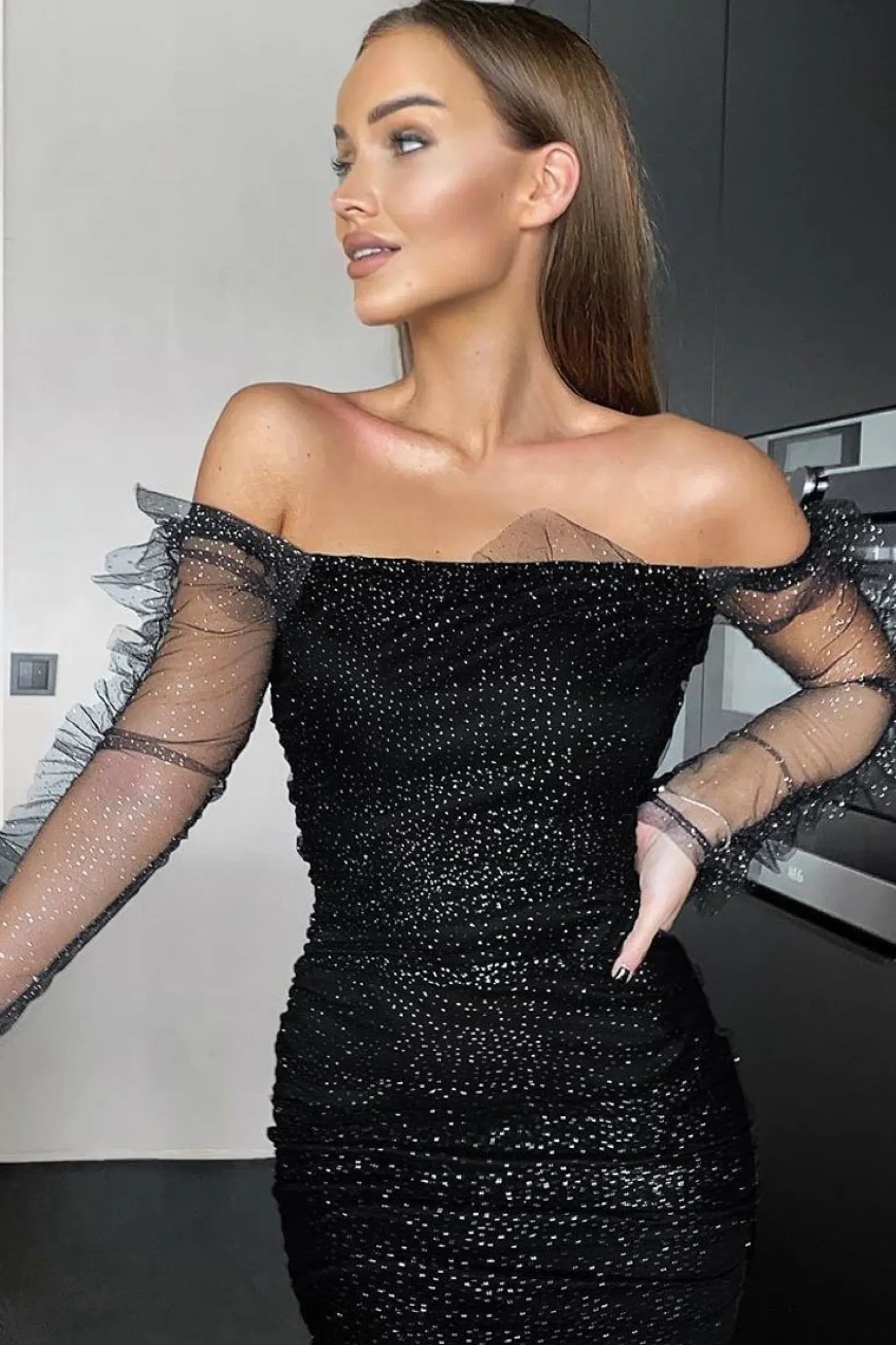 Rebellious Fashion Black Sparkle Mesh Ruched Bodycon Dress - Idell