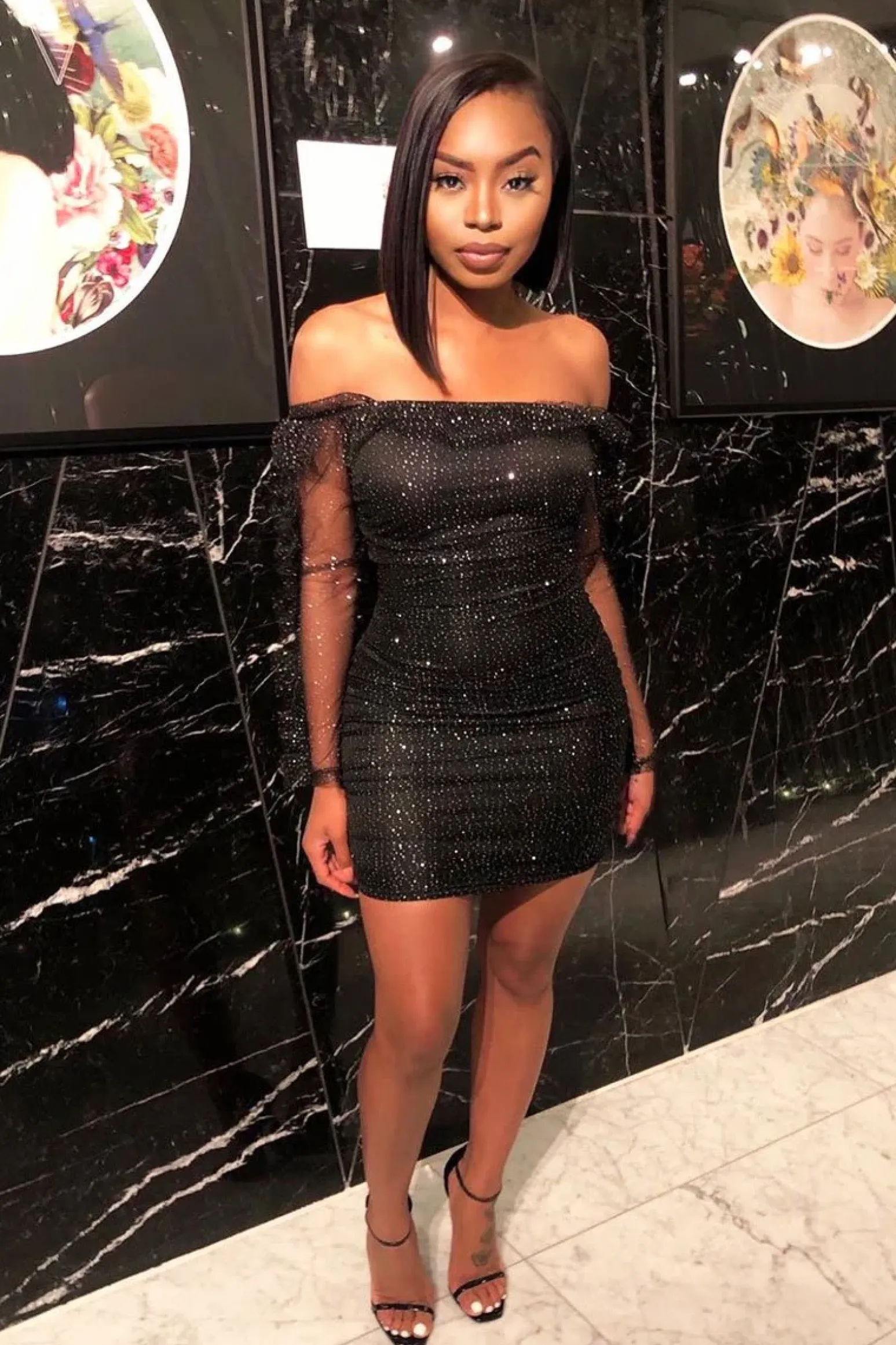 Rebellious Fashion Black Sparkle Mesh Ruched Bodycon Dress - Idell