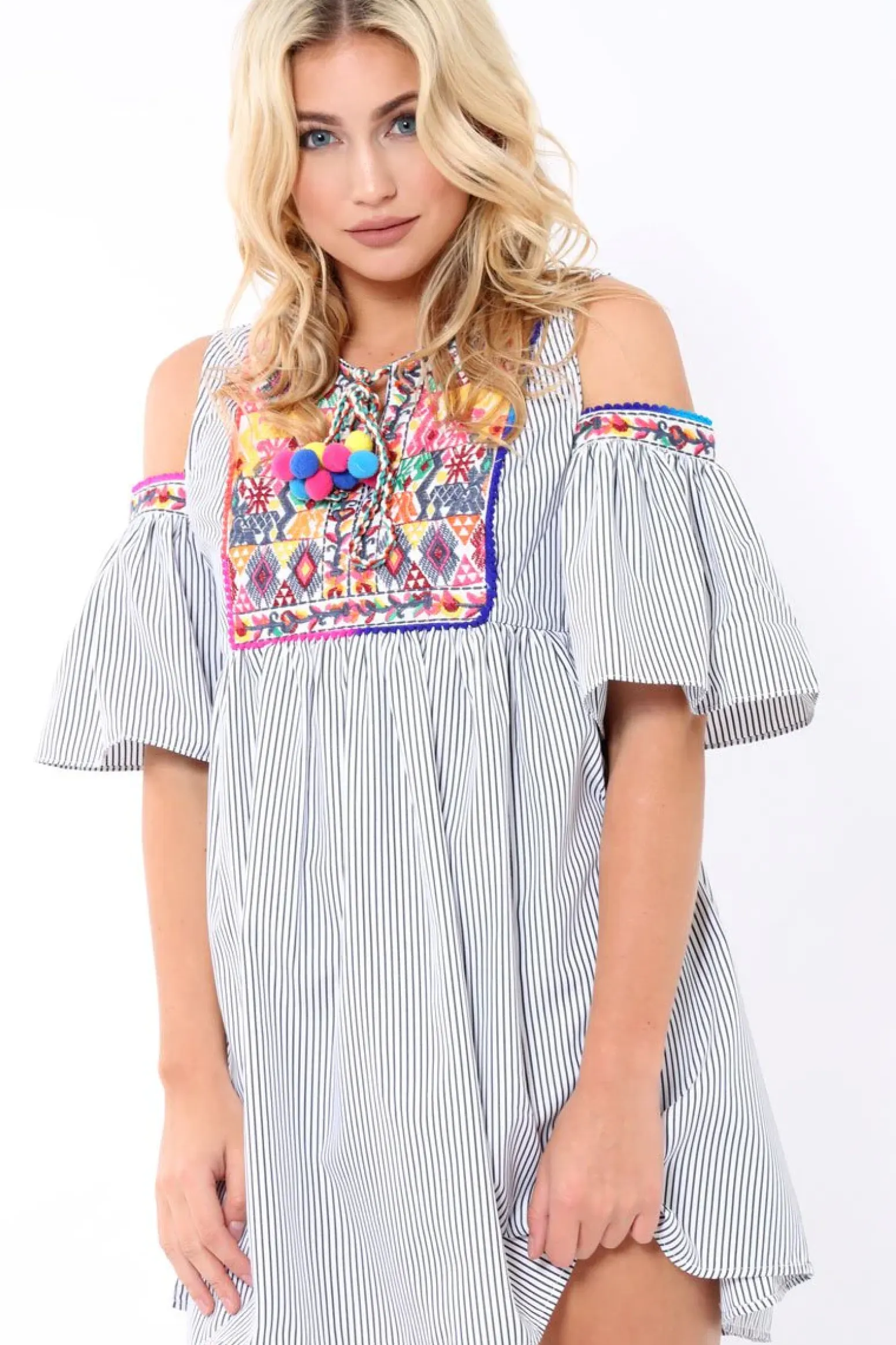 Rebellious Fashion Black Stripe Cold Shoulder Shift Dress with Aztec Embroidery - Elodie