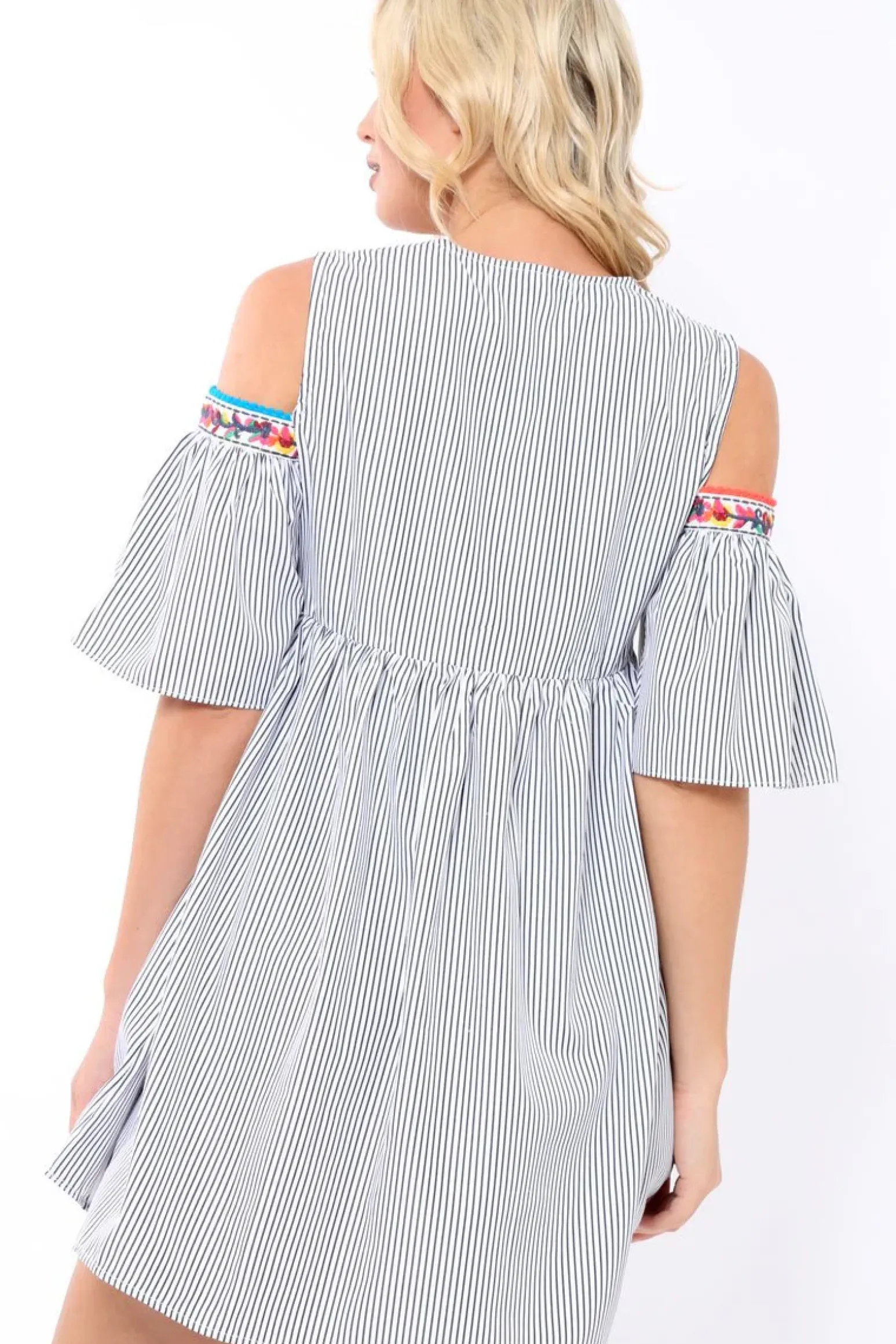 Rebellious Fashion Black Stripe Cold Shoulder Shift Dress with Aztec Embroidery - Elodie