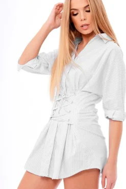 Rebellious Fashion Black Stripe Lace Up Shirt Dress - Sian