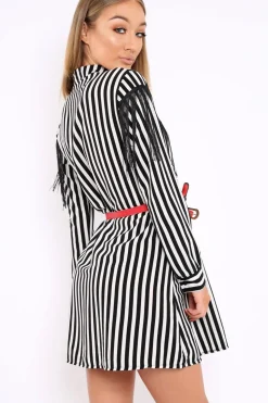 Rebellious Fashion Black Stripe Tassel Shirt Dress -Imo