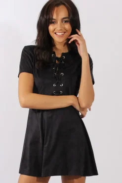Rebellious Fashion Black Suede Lace Up Eyelet Skater Dress - Desire