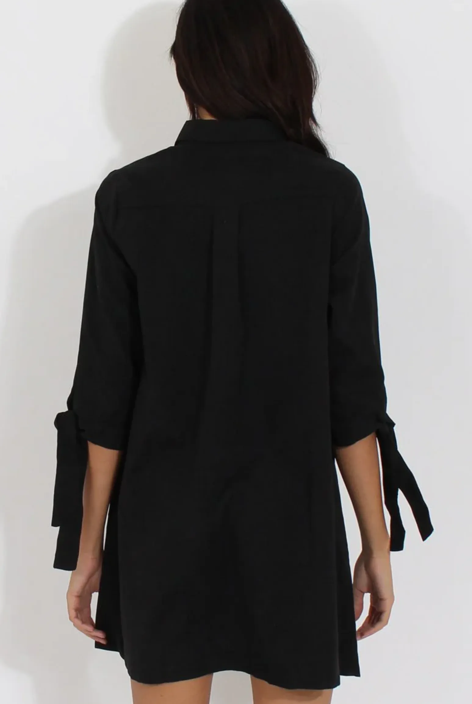 Rebellious Fashion Black Suede Tie Cuff Oversized Shirt Dress - Deborah