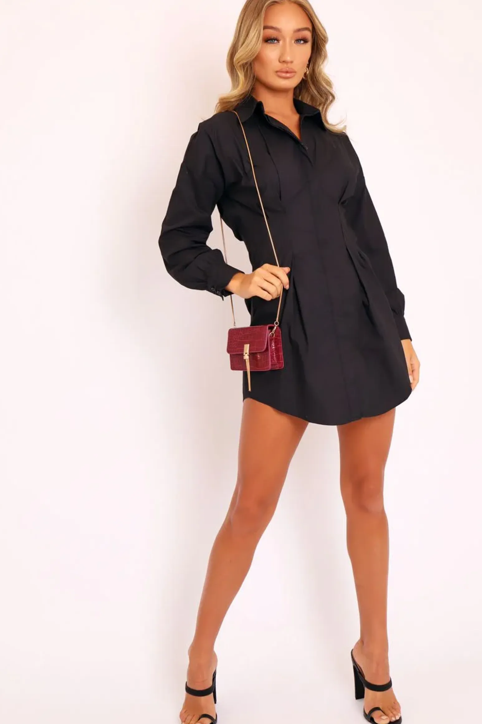 Rebellious Fashion Black Tailored Waist Long Sleeve Shirt Dress - Laritza