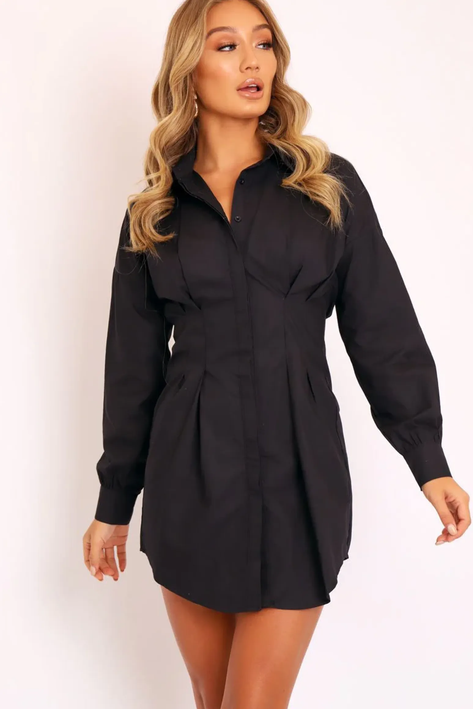 Rebellious Fashion Black Tailored Waist Long Sleeve Shirt Dress - Laritza