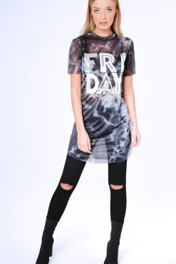 Rebellious Fashion Black Tie Dye Sheer Mesh 'Friday' Slogan T-Shirt Dress - Flynn