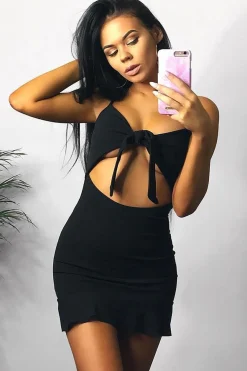 Rebellious Fashion Black Tie Front Ruffle Hem Mini Dress - Darianna