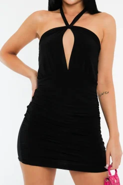 Rebellious Fashion Black Tie Knot Halter Neck Ruched Slinky Mini Dress - Liv