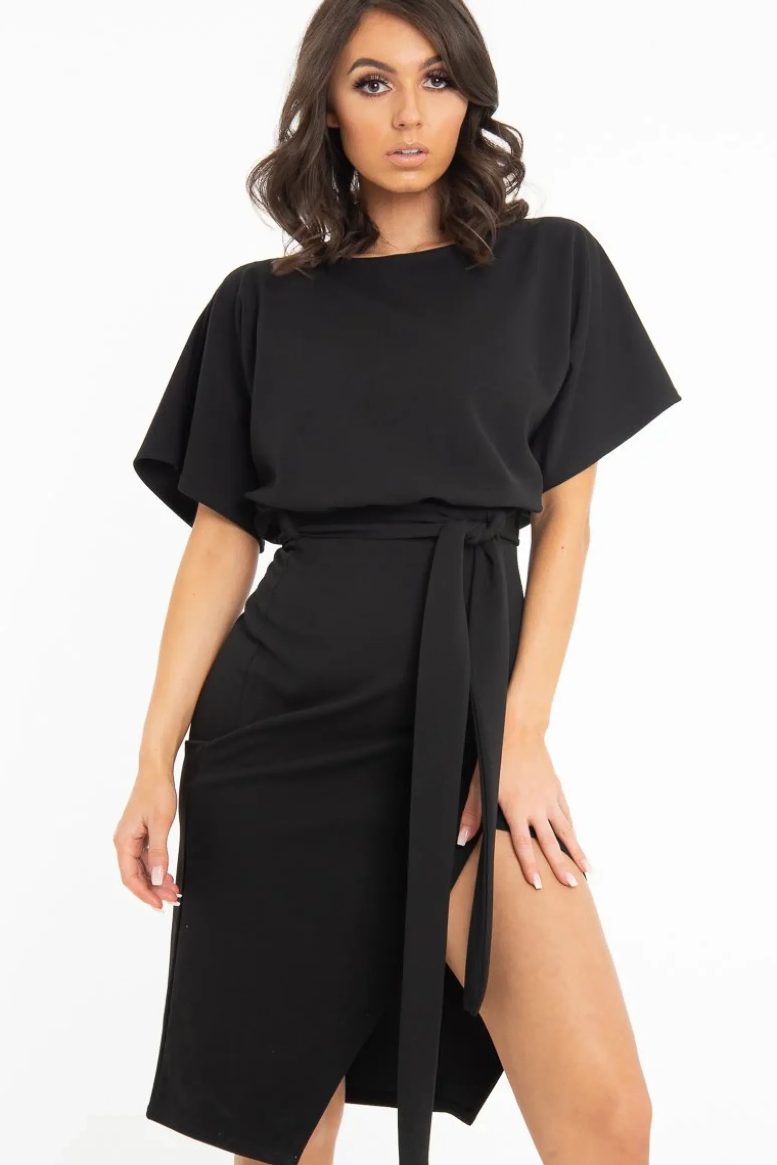 Rebellious Fashion Black Tie Waist Front Split Batwing Dress - Ranessa