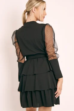 Rebellious Fashion Black Tiered Skirt Belted Dress - Cassia