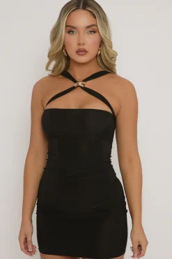 Rebellious Fashion Black Trim Detail Cross Front Mini Dress - Gail