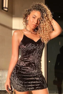 Rebellious Fashion Black Velour Plunge Chain Strap Mini Dress - Frankie