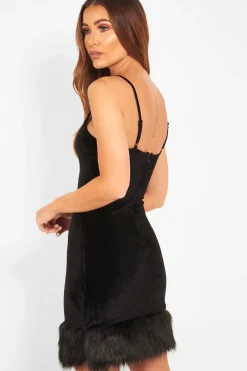 Rebellious Fashion Black Velvet Plunge Feather Hem Dress - Avereigh