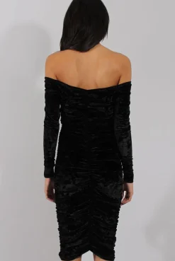 Rebellious Fashion Black Velvet Ruched Bardot Bodycon Dress - Louise