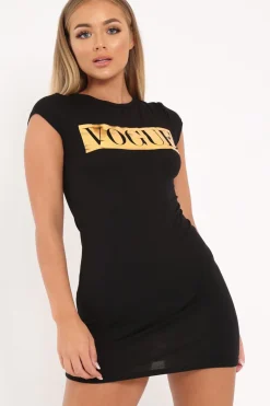 Rebellious Fashion Black Vogue Slogan Dress - Halima