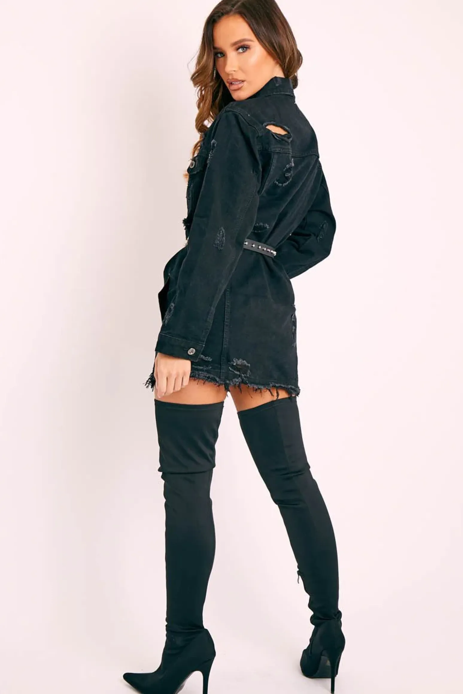 Rebellious Fashion Black Washed Distressed Denim Shirt Dress - Chloey