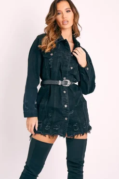 Rebellious Fashion Black Washed Distressed Denim Shirt Dress - Chloey