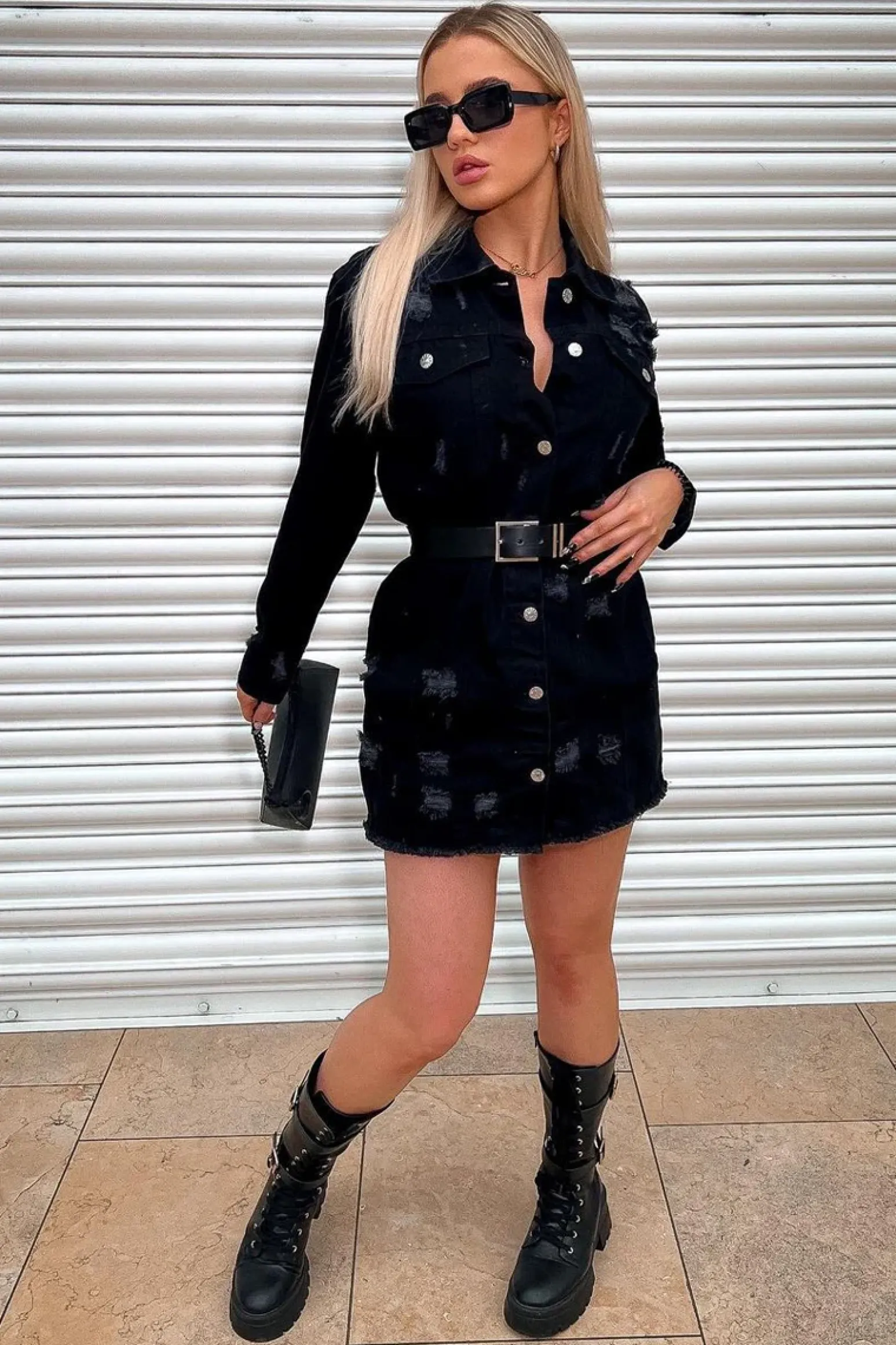 Rebellious Fashion Black Washed Distressed Denim Shirt Dress - Chloey