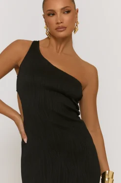 Rebellious Fashion Black Wave Textured One shoulder Midaxi Dress - Oksana