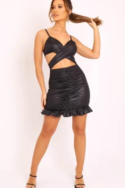 Rebellious Fashion Black Wet Look Cross Front Mini Bodycon Dress - Marla