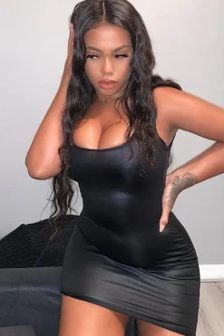 Rebellious Fashion Black Wet Look Scoop Neck Bodycon Dress - Orena