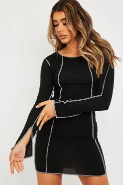 Rebellious Fashion Black White Contrast Stitch Ribbed Mini Dress - Daniah