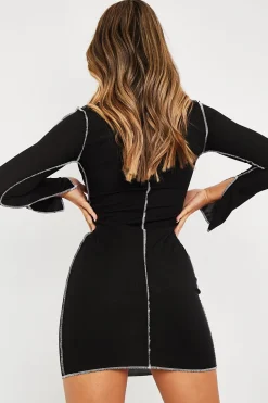 Rebellious Fashion Black White Contrast Stitch Ribbed Mini Dress - Daniah