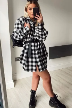 Rebellious Fashion Black White Gingham Check Shirt Dress - Chesca