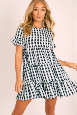 Rebellious Fashion Black White Green Check Tiered Smock Dress - Ossie