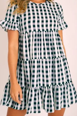 Rebellious Fashion Black White Green Check Tiered Smock Dress - Ossie