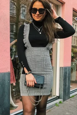 Rebellious Fashion Black White Houndstooth Crepe Ruffle Dress - Maisy