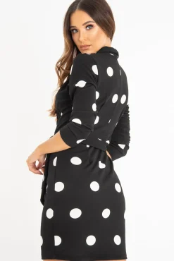 Rebellious Fashion Black White Polka Dot Wrap Front Midi Dress - Daisy