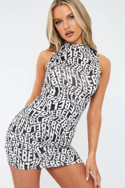 Rebellious Fashion Black White Rebel Print Racer Back Mini Dress - Desta