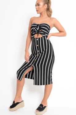 Rebellious Fashion Black White Stripe Bandeau Tie Front Midi Dress - Lodema