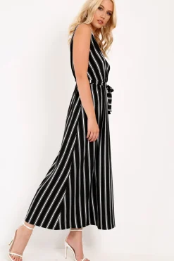 Rebellious Fashion Black White Stripe Plunge Wrap Maxi - Skyelin
