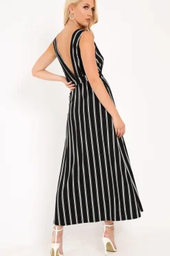 Rebellious Fashion Black White Stripe Plunge Wrap Maxi - Skyelin