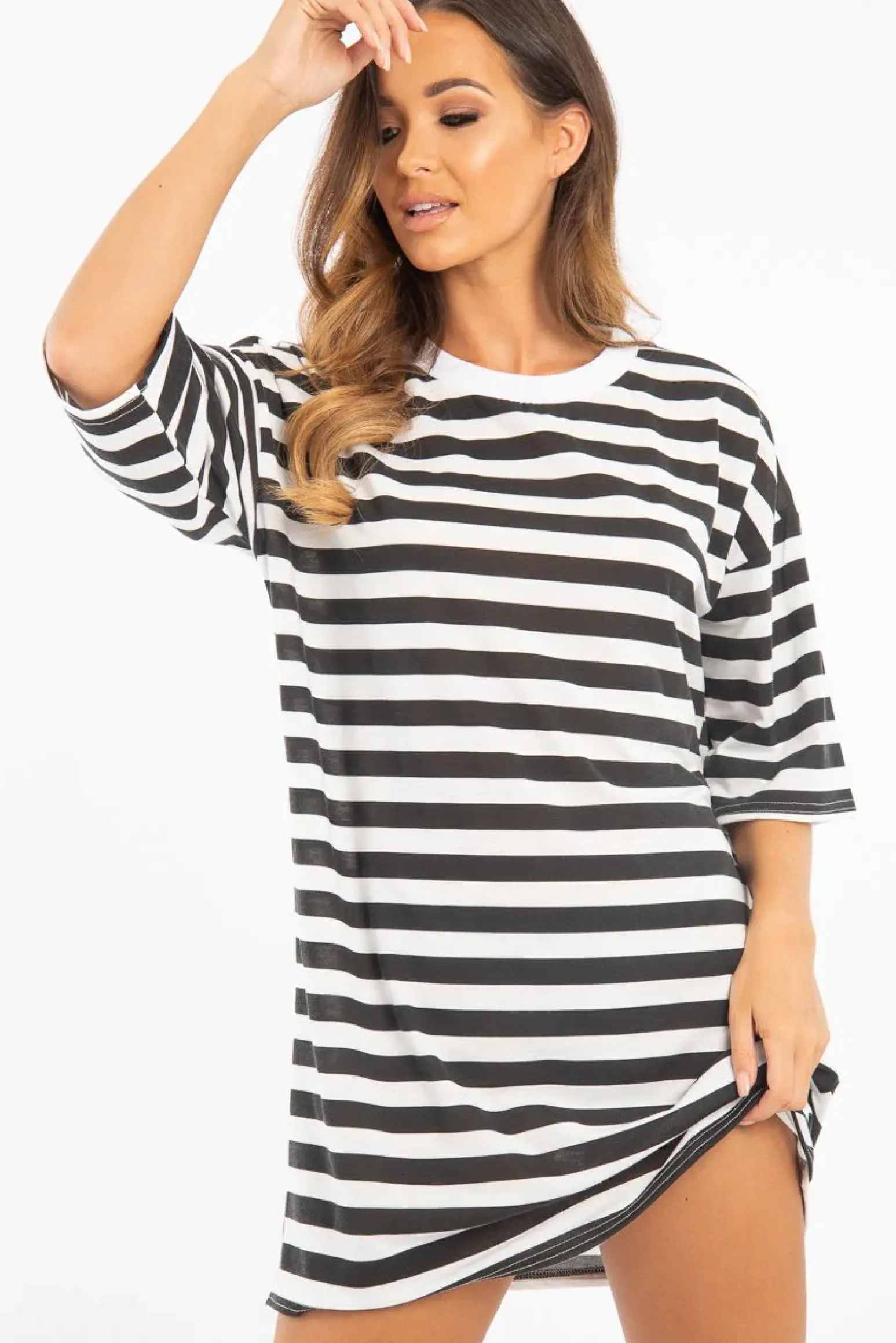 Rebellious Fashion Black White Striped Oversized T Shirt Dress - Lacie