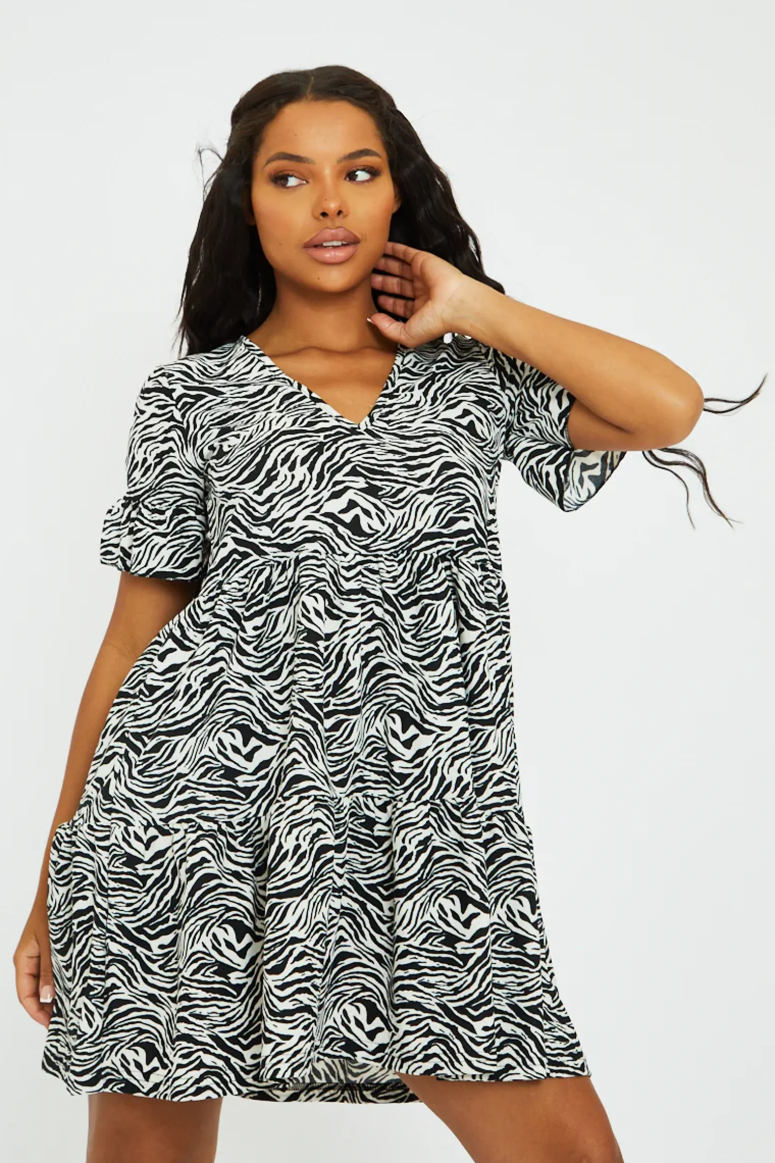 Rebellious Fashion Black White Zebra Print Frill Smock Dress - Ruth