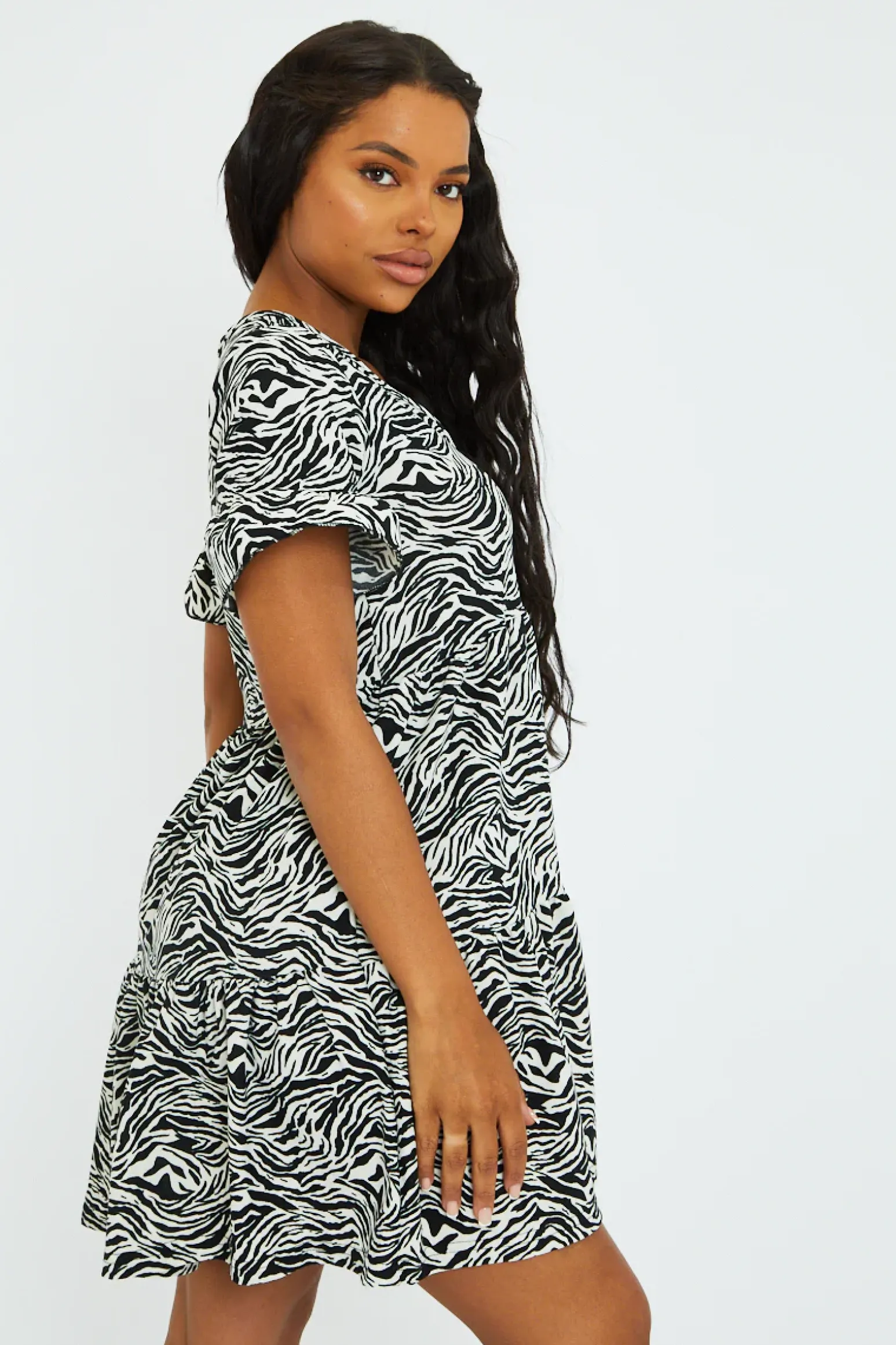 Rebellious Fashion Black White Zebra Print Frill Smock Dress - Ruth
