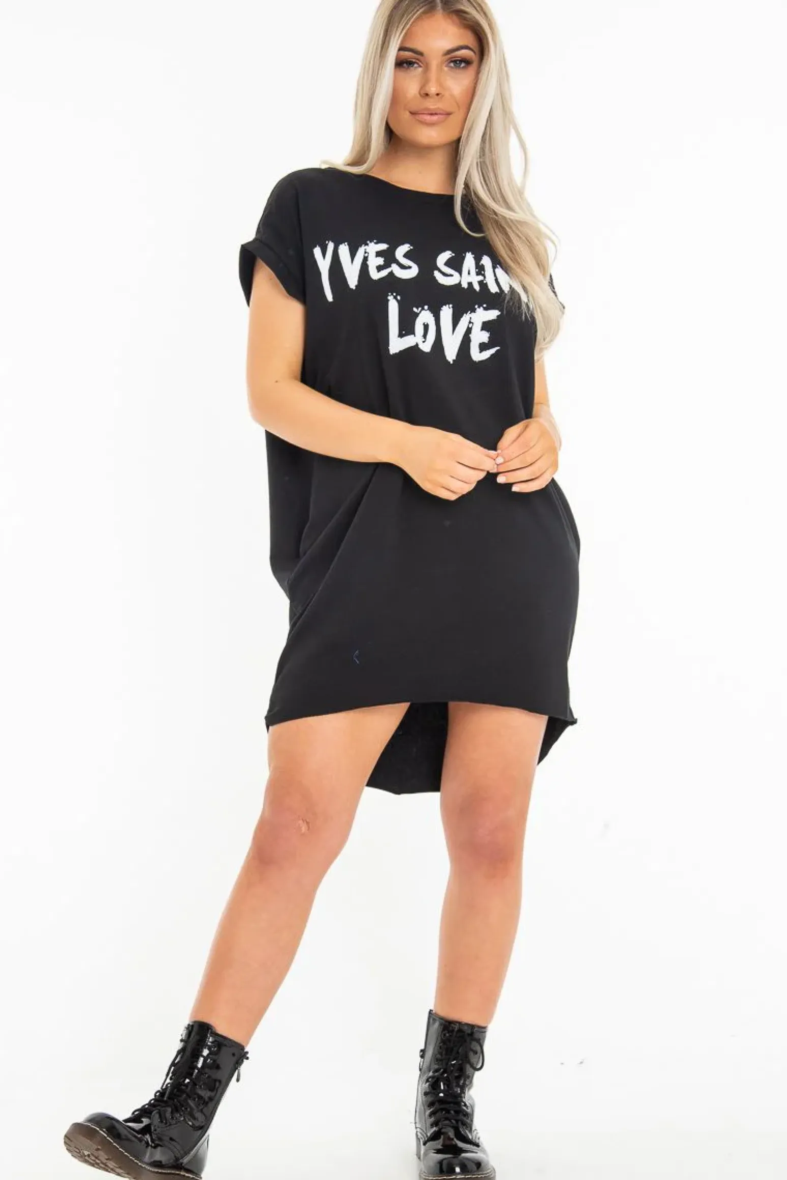 Rebellious Fashion Black Yves Saint Love Printed Slogan T-Shirt Dress - Jamey