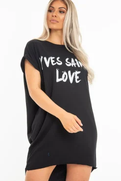 Rebellious Fashion Black Yves Saint Love Printed Slogan T-Shirt Dress - Jamey