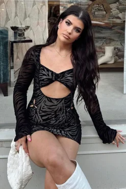 Rebellious Fashion Black Zebra Flock Print Cutout Mini Dress - Scarlett