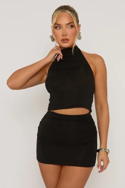 Rebellious Fashion Black Acetate Slinky Halter Top & Mini Skirt Co-ord Set - Taja