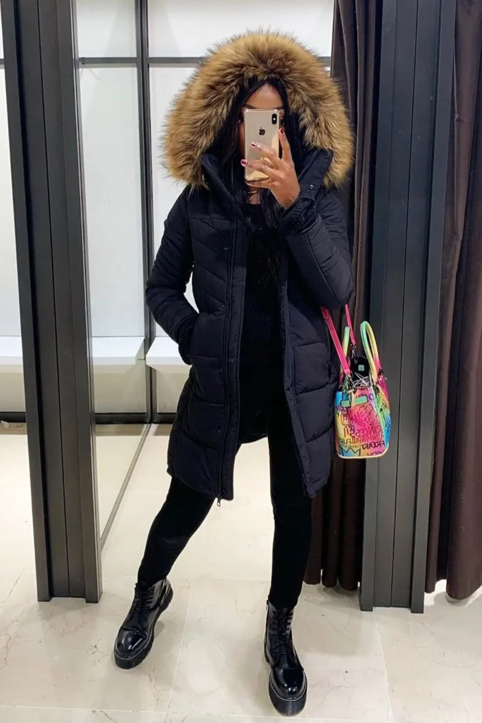 Rebellious Fashion Black Adjustable Back Long Puffer Coat - Maezie