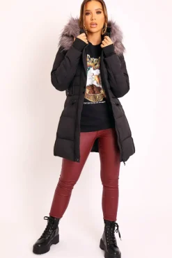 Rebellious Fashion Black Adjustable Waist Longline Puffer Coat - Zofia