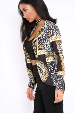 Rebellious Fashion Black & Gold Scarf Print Blazer Jacket - Oscar