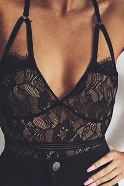 Rebellious Fashion Black & Nude Lace Open Back Bodysuit - Naomie