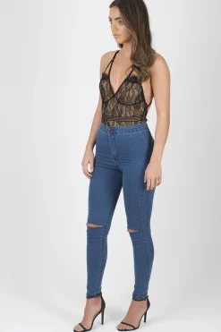 Rebellious Fashion Black & Nude Lace Open Back Bodysuit - Naomie